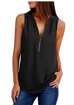 

ZOUDKY Loose Casual Blouse Female Summer Black Solid Sleeveless V-Neck Zipper KS055