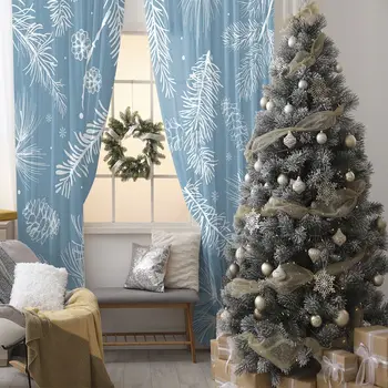 

Curtain Pine Tree Cones Branches Flowers Snowflakes Snowy Winter Theme Decorating Artwork Printed Blue White