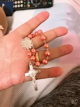 Perla de imitación de cuentas católica Rosario Católico comunión color plata alas colgantes del Crucifijo pulsera lindo regalo