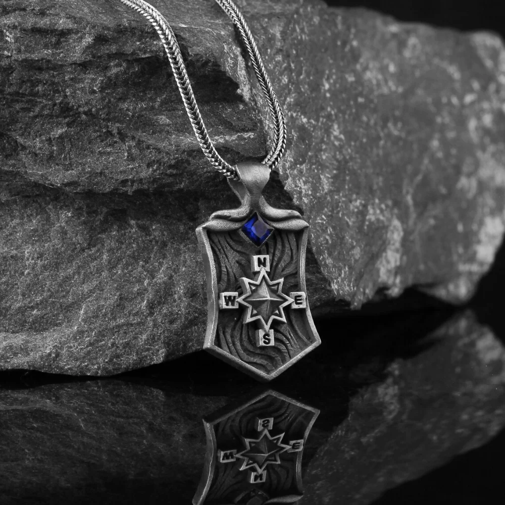 

925K Sterling Silver Compass Necklace, Oxidized Jewelry, Exclusive Sapphire Pendant For Unisex, GIFT For Him Made In Turkey