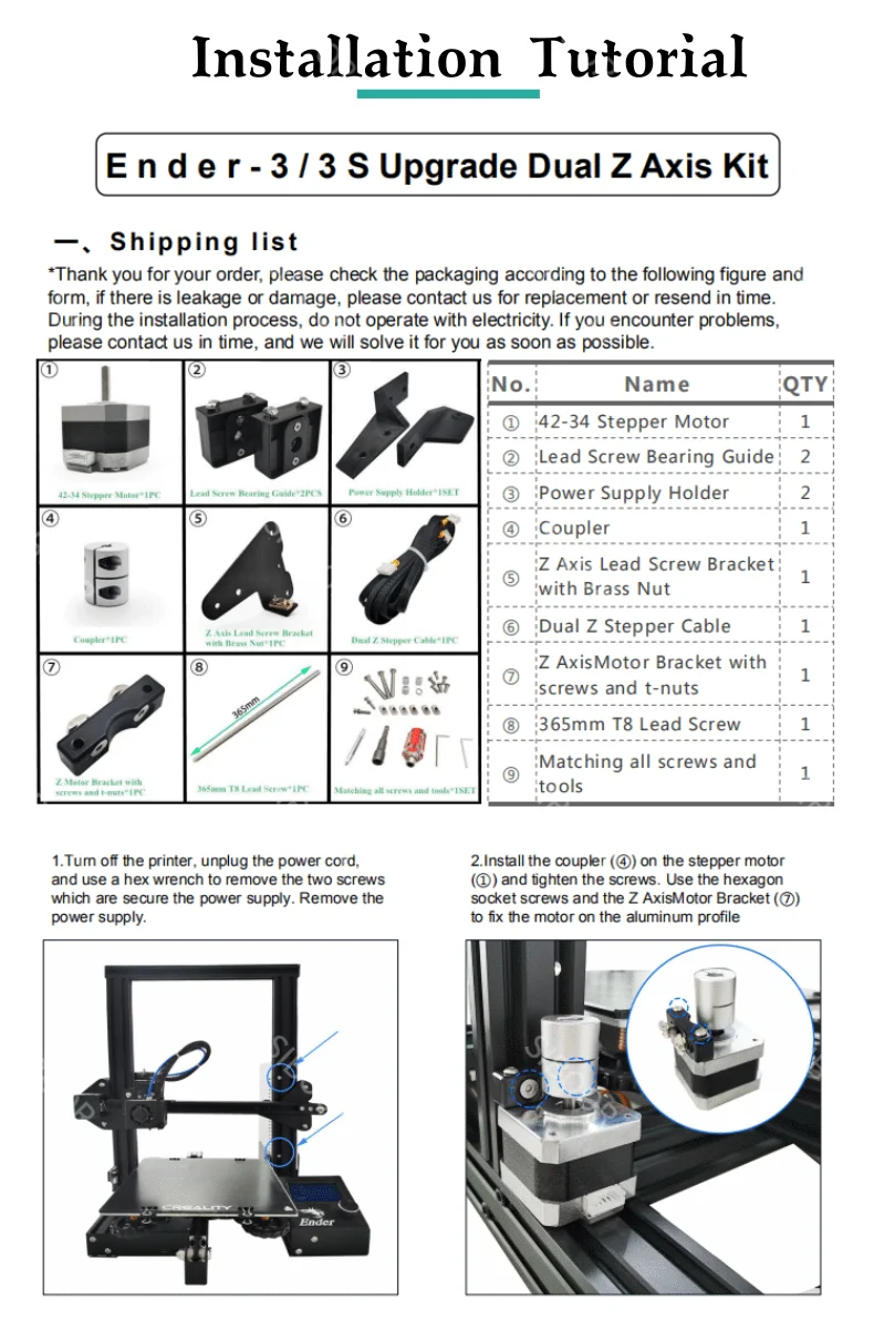 Dual Z Axis Upgrade Kits T8 with Lead Screw Stepper Motor For Creality Ender 3/Ender 3 Pro/Ender 3 V2 3D Printer Parts Z Axis Dual Z Axis Upgrade Kits T8 with Lead Screw Stepper Motor For Creality Ender 3/Ender 3 Pro/Ender 3 V2 3D Printer Parts Z Axis