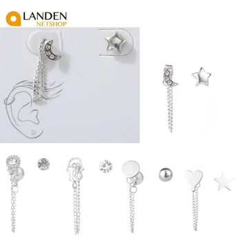 

Punk style tassel earrings for sets for women, ethnic antique silver color crown stud earrings for