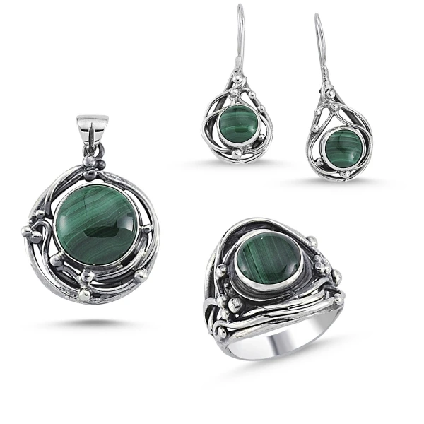 

Silver 925 Sterling Malachite Stone Handwork Set