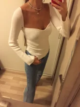 DEAT-ropa de cuello cuadrado de Cachemira para mujer, Jersey elástico de cintura alta, manga larga, sexy, primavera y verano, WK080, 2021