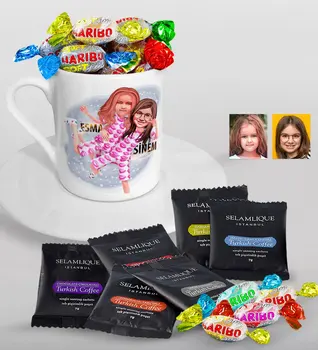 

Personalized Sisters Caricature Of Turkish Coffee Cup Selamlique Mixed Turkish Coffee house And Haribo Candy Gift Seti-1