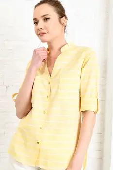 

Trend Alacati Style Women Yellow Crew Neck Double Pocket Poplın Shirt DNZ-3148-REW