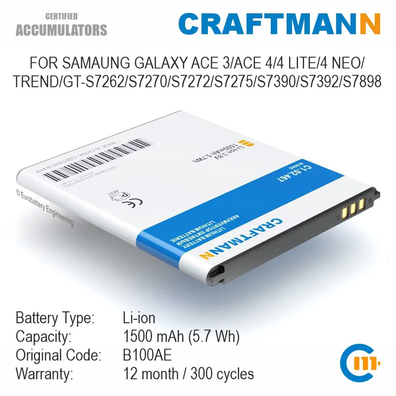Craftmann Battery for Samsung GALAXY ACE 3/ACE 4/ACE 4 DUOS/4 LITE/4 NEO/TREND/GT-S7262/S7270/S7272/S7275/S7390/Z1 (B100AE) | Мобильные