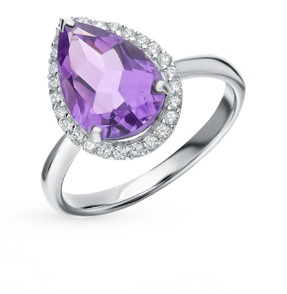 Серебряное кольцо с аметистом и фианитами SUNLIGHT проба 925