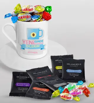 

Personalized New She Devotes The Success In Turkish coffee Cup Selamlique Mixed Turkish Coffee House and Haribo Candy Gift Set-4