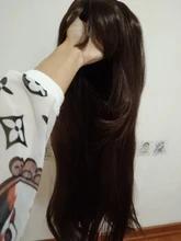 LANLAN-Peluca de cabello sintético para mujer, cabellera larga y Lisa, con flequillo de aire, natural y esponjoso, con botón interno