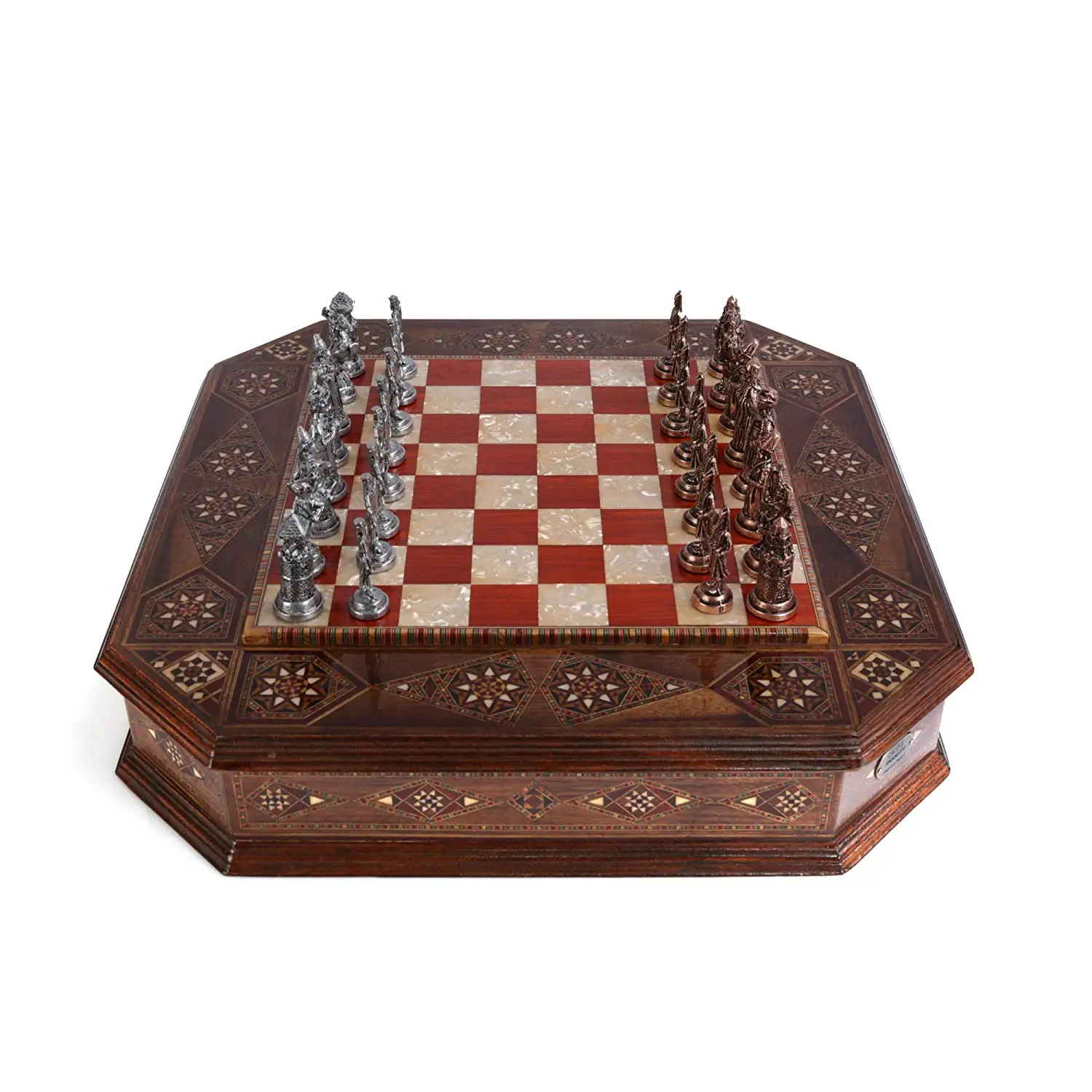 US $499.90 Ottoman vs Byzantine Antique Copper Figures Metal Chess Set Handmade Pieces Natural Solid Wooden Chess Board Storage Inside 7 cm