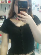 T-Shirt Women Tops Button-Crop-Top Short-Sleeve O-Neck Basic Blue Ruffles Casual Summer