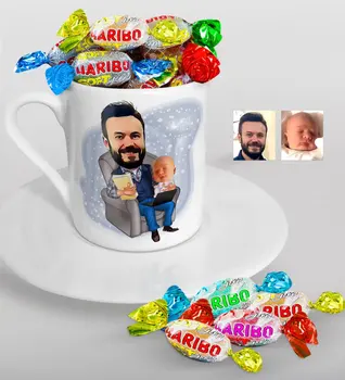 

Personalized Father-Son Caricature Of Turkish Coffee cup And Haribo Candy Gift Seti-1