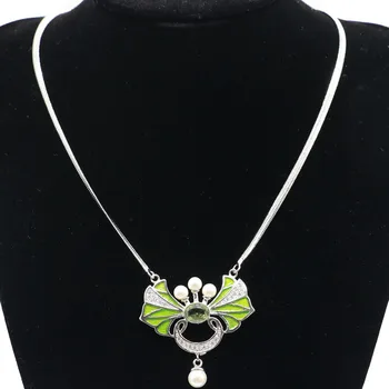 

40x40mm Elegant Created Green Peridot White Pearl Ladies Present Silver Necklace 18-19inch