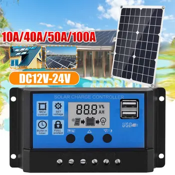 

100A/50A/40A/30A/20A/10A 12V 24V Auto Solar Charge Controller PWM Controllers LCD Dual USB 5V Output Solar Panel PV Regulator