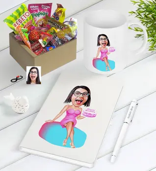 

Personalized Women 'S Birthday Caricature Of Nostalgic Lezzetler Notebook Pen Mug Gift Seti-2
