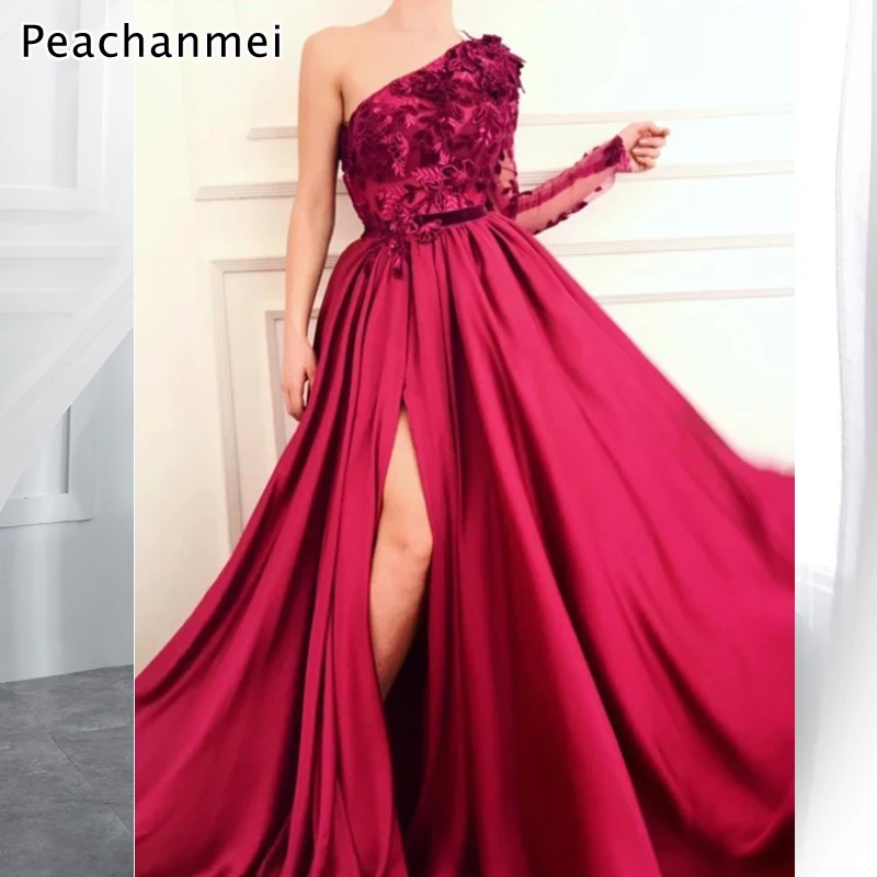 

2019 Red Evening Dress Lace Appliques Satin A-Line One Shoulder Split Evening Dresses Long Sleeves Formal Gowns robe de soiree