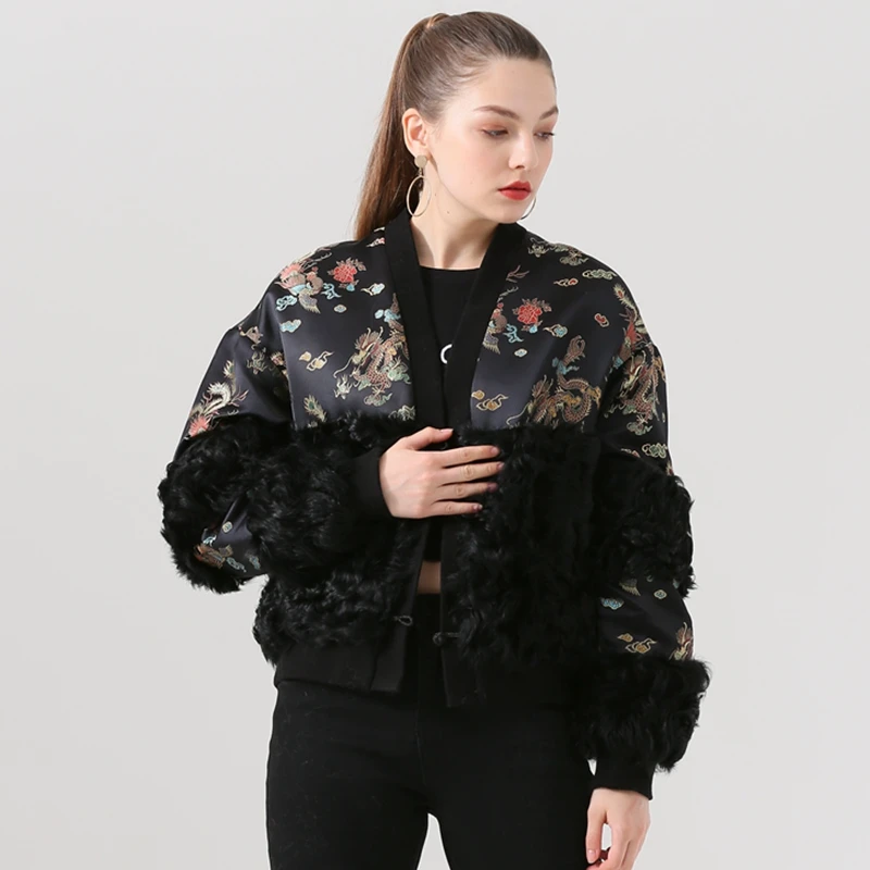 black QIUCHEN PJ19052 Новое поступление в китайском стиле куртка на овчине из натурального овечьего меха женская зимняя куртка модная модель - Цвет: black