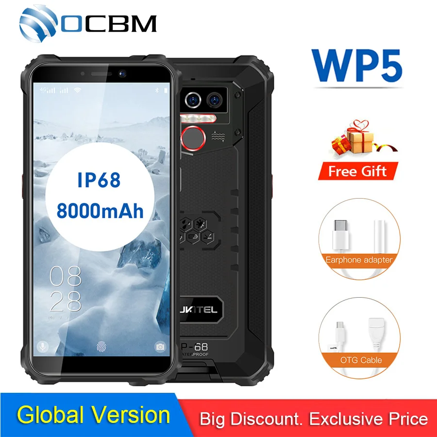 OUKITEL WP5 IP68 Waterproof Android 9.0 5.5''HD+ 18:9 Quad Core 4GB 32GB 13MP MT6761 8000mAh Tri-proof 5V/2A Mobile Phone |