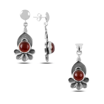 

Kutaydan Red Agate Stone Handwork 925 Sterling Silver Set Made in Turkey
