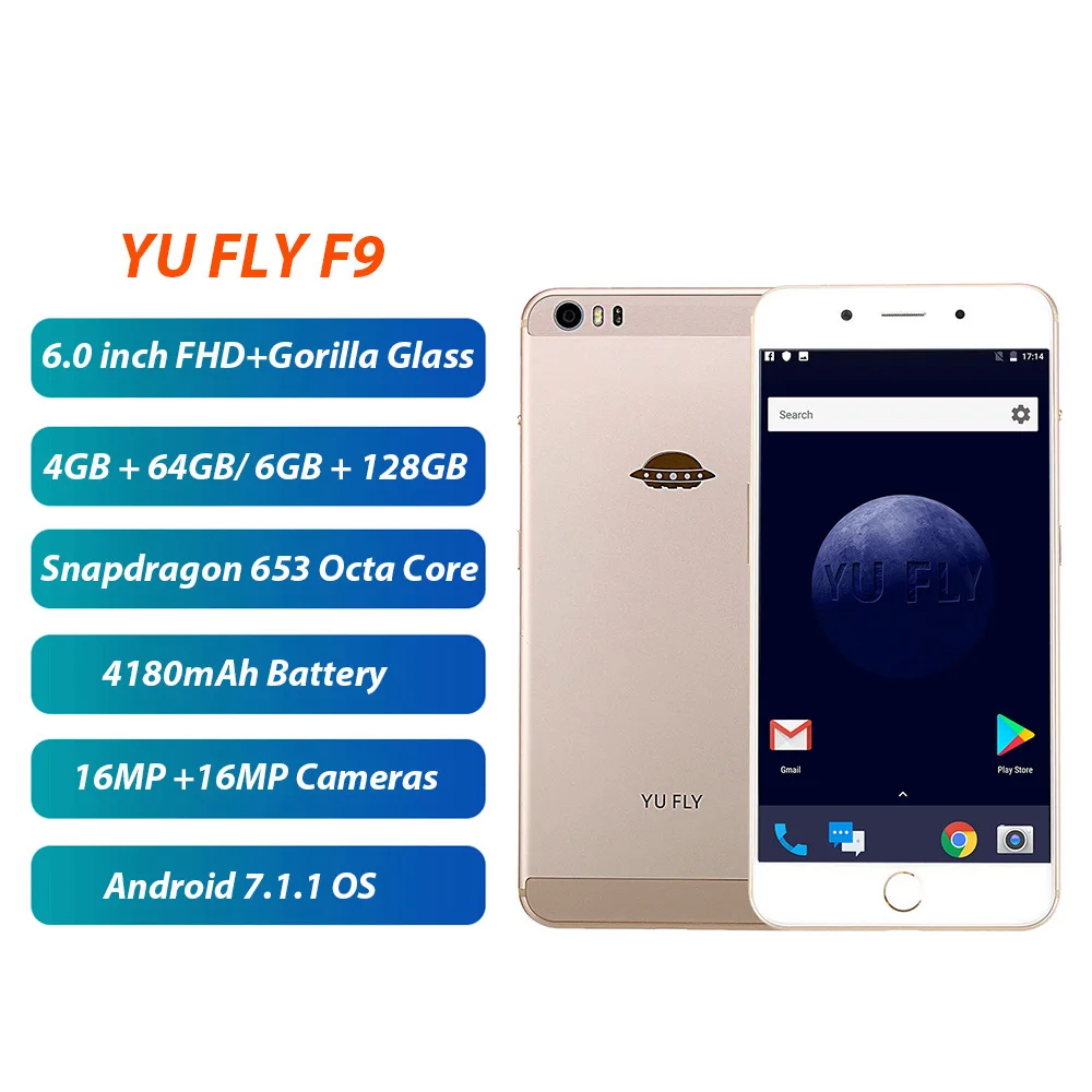 YU FLY F9 мобильный телефон 6 ГБ ОЗУ 128 Гб ПЗУ 6,0 дюймов FHD+ 4180 мАч Восьмиядерный Snapdragon 653 16 Мп+ 16 МП 4G смартфон