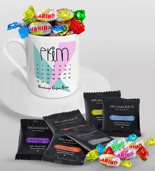 

Personalized Birthday Calendar Turkish coffee Cup Selamlique Mixed Turkish Coffee House and Haribo Candy Gift Seti-3