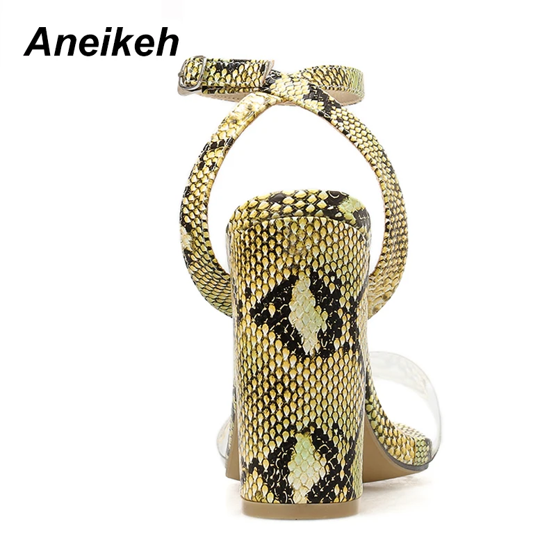 Aneikeh/ г.; модные босоножки из пвх; Женские Зеленые босоножки на высоком каблуке с открытым носком и змеиным узором; летние вечерние модельные туфли с пряжкой на лодыжке