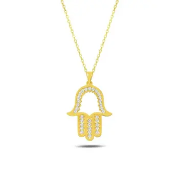 

Angemiel 925 Silver Zircon Stone Fatma Master Hand Necklace-Gold Plated