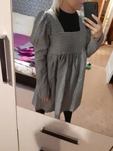 Plaid Dress Puff-Sleeve Square Collar Bclout Black White Sexy Vintage Autumn Casual Woman