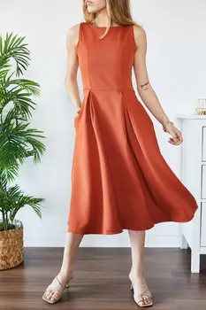 

BEYON WOMEN TILE COLOR CLASSIC MIDI DRESS LENGTH UNDER KNEE COTTON CHIC DAILY SPECIAL DAYS NIGHTS SLEEVELESS WOVEN ORANGE