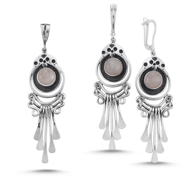 

Silver 925 Sterling Pink Quartz Stone Handwork Set