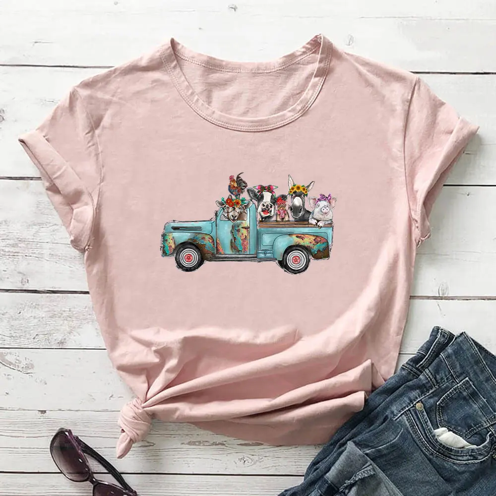 

Farm Animals Truck Graphic Print Mother's Day Shirt 100%Cotton Women Tshirt Funny Summer Casual Short Sleeve Top Gift for Mom