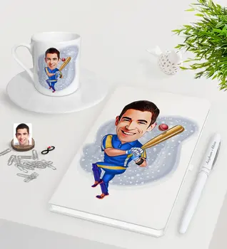 

Personalized Men 'S Baseball Player Caricature Of White Notebook Pen Turkish Coffee Cup Seti-1