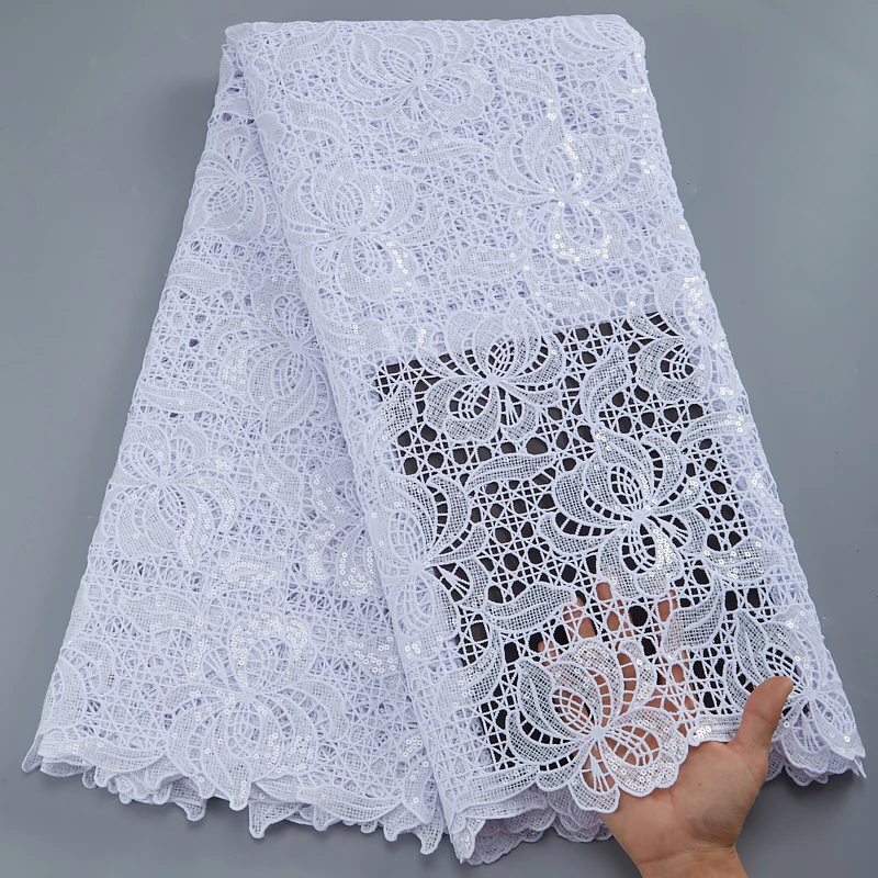 

Pure White Water Soluble African Lace Fabric High Quality Embroidery Sequins Guipure Cord Laces For Women Wedding Dress 2840A