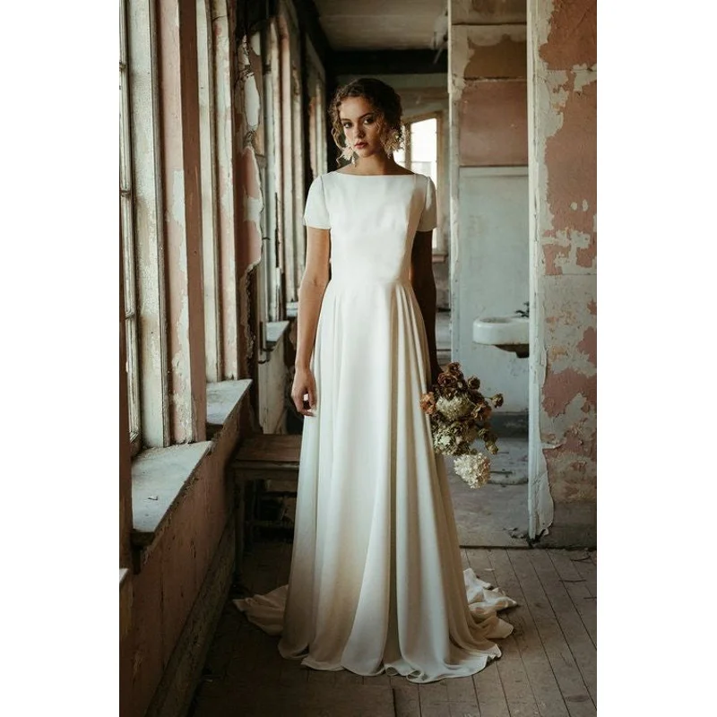 

11847# Simple Boat Neck Classic Chiffon Open Back Boho Sexy Fitting Short Sleeves Beach Wedding Dress Wedding Bridal Gown