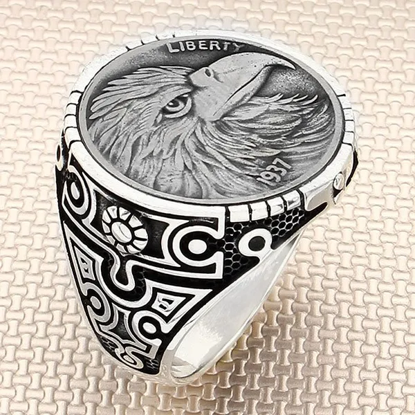 

Freedom Eagle Liberty 1937 Sterling Silver Ring Men's Solid 925 Quality Fashion Unique Design Charming Impressive Perfect Luxury