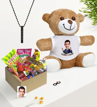 

Personalized Mr Server Caricature Of Nostalgic Lezzetler Plush Teddy Bear Black Bar Necklace Gift set