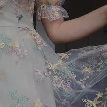 Mini Dress Puff-Sleeve Lace Print Chiffon French Korean-Style Sexy Vintage Women Floral