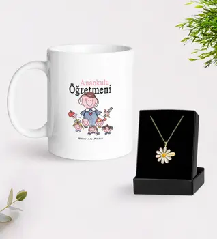 

Personalized Kindergarten Teacher White Mug and Daisy Necklace Gift Seti-2