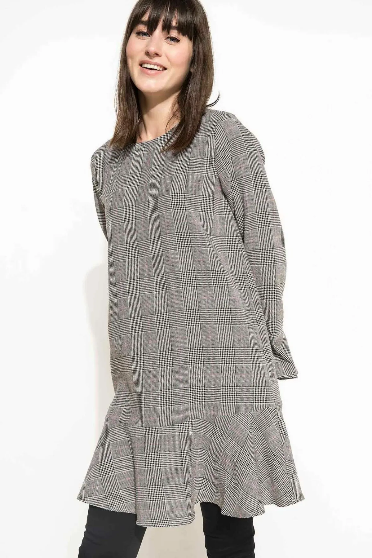 

DeFacto Woman Long Crewneck Pleated Tops Cloth Female Plaid Grey Pullover Ladies Autumn Solid Elegant Clothes-I4398AZ18SP