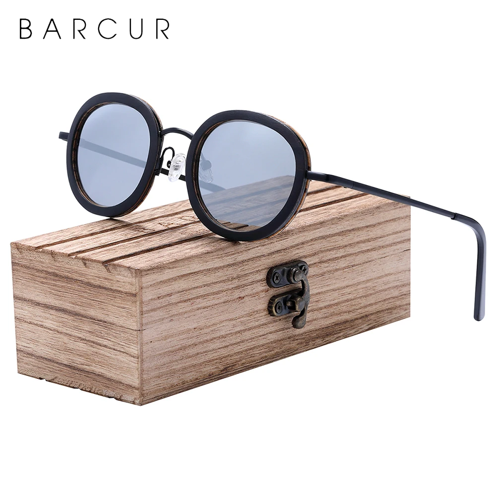 

BARCUR Polarized Round Sunglasses Men Walnut Zebra Wood Sun Glasses Stainless Steel Temple Women UV400 Protection