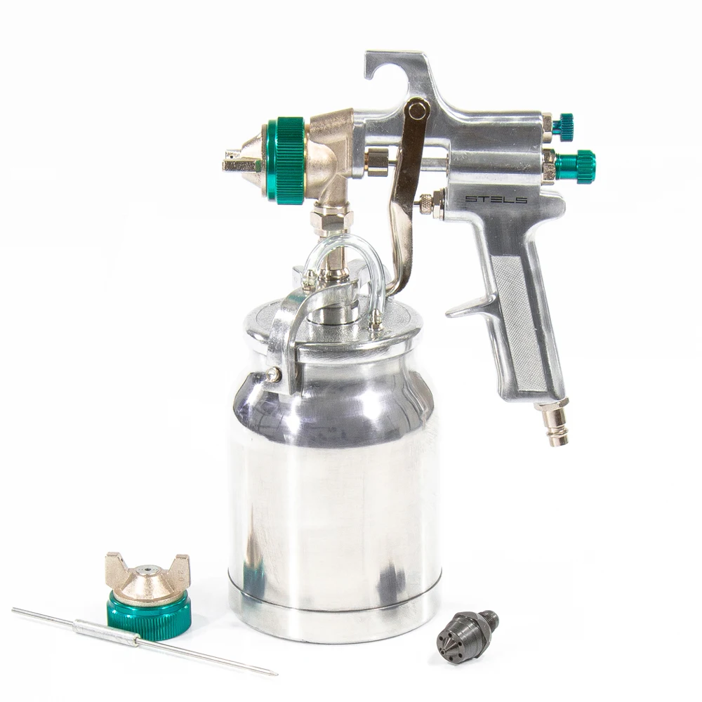 Краскораспылитель пневматический STELS 57364 (Система HP, нижний бачок, объем бачка 1000 мл, расход 180-240 мл/мин, макс.давление 4 бар, диаметр пневморазъема 1/4 дюйма, сопла 1.8 мм и 2.0 мм)
