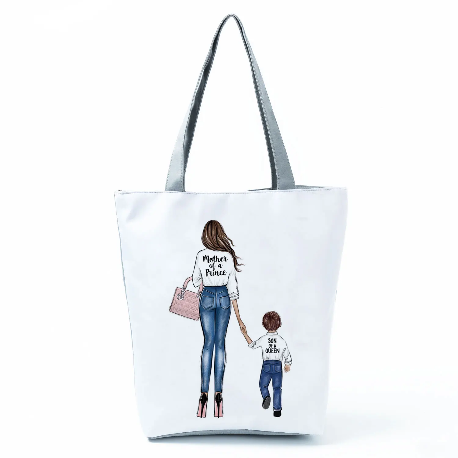 Cute Cartoon Super Mama Print Linen Tote Bag Reusable Shoulder Bags Mom And Baby Fold Women Casual Handbags Lady Fabric Totes