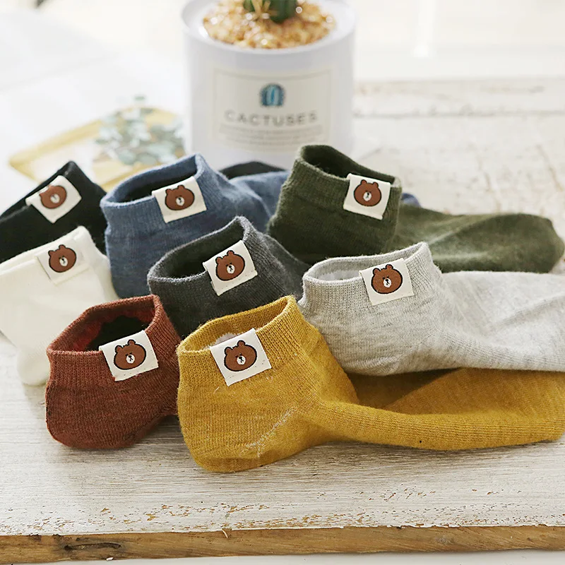 

iComfortable New Arrival Women Boat Socks Spring Summer Solid Color Cute Bear Invisible Cotton Socks Kawaii