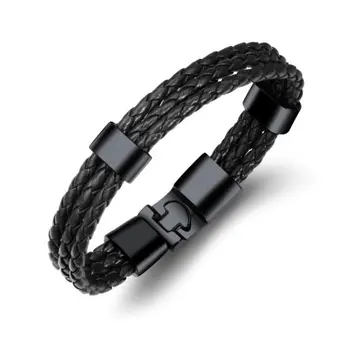 

Angemiel Men Black Double Helix Model Steel Clip-On Model Leather Male Bracelet