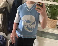 Rapcopter-suéteres Y2K para mujer, suéteres de calaveras con cuello de pico, blusas de punto azules informales holgadas, ropa de calle Retro para mujer, Tops de punto 2020