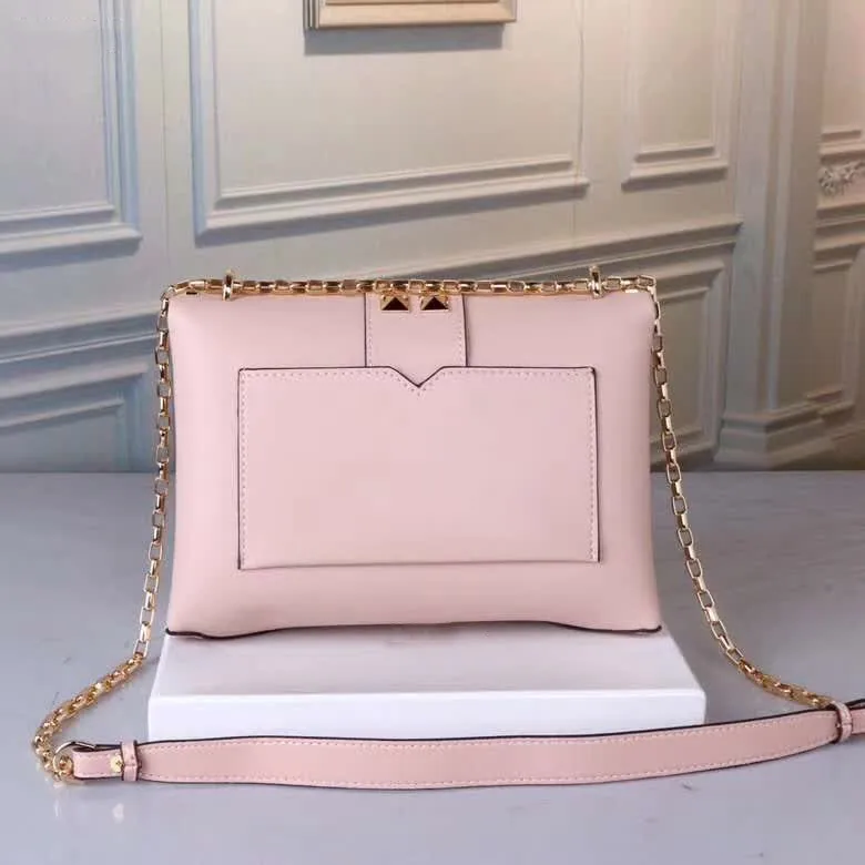high-end fashionable leather bag for women, top design shoulder bag rivet with gold chain fashion preferred free shipping - Color: Pink