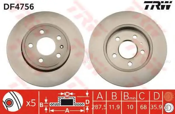 TRW DF4756 Диск тормозной задн AUDI: A4 04-, A4 Avant 04
