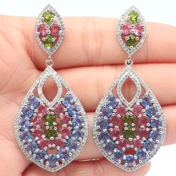 

58x26mm European Design Long Big 16.7g Multi Color Created Tourmaline Tanzanite Green Peridot Silver Earrings For Women