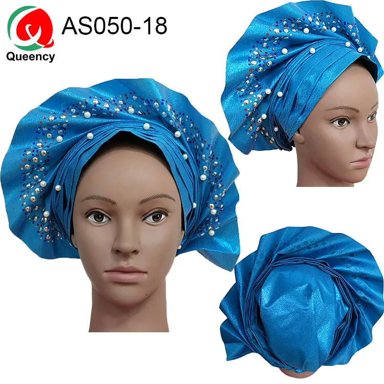 AS050 DHL-Good quality sego already made beads headtie nigeria women handmade auto hele with stones and beads for wedding - Цвет: AS050-18